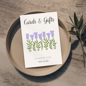 Letrero de tulipanes abstractos de Matisse para tarjetas y regalos: Letrero de mesa de boda editable en Canva, decoración floral verde lila imprimible, letreros originales