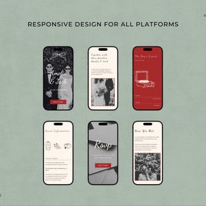 Mobile-friendly wedding website screens displayed on various devices, highlighting responsive functionality.