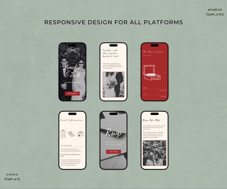 Mobile-friendly wedding website screens displayed on various devices, highlighting responsive functionality.
