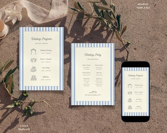 Blau und creme gestreifte Hochzeitsprogramm-Vorlage - Bearbeitbare mediterrane Canva-Timeline-Karte - druckbare Reihenfolge der Ereignisse