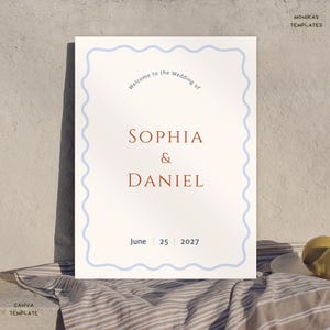 Wedding Welcome Sign with Blue Wavy Frame - Customizable Modern Canva Template