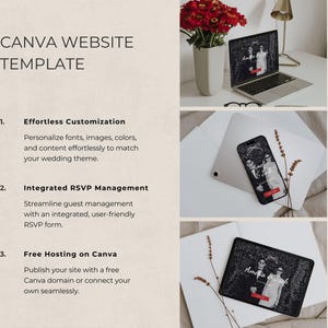 Wedding website features: RSVP management, fully customizable Canva template, and free hosting options for couples.