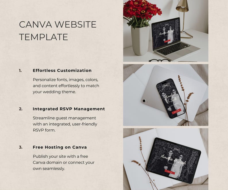 Wedding website features: RSVP management, fully customizable Canva template, and free hosting options for couples.