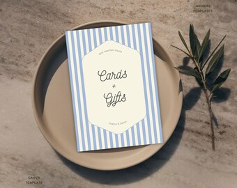 Modello per cartelli e regali blu crema - Cartello per matrimonio mediterraneo modificabile su Canva - Decorazione da tavolo per regali costieri stampabile per baby shower