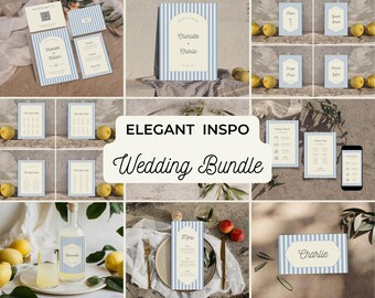 Blue & Cream Striped Wedding Stationery Bundle - Coastal Mediterranean Wedding Suite - Printable Canva Templates by MonikasTemplates