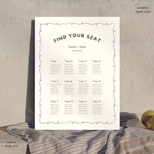 Plantilla personalizable para plano de asientos de boda: diseño editable en Canva con marco verde.