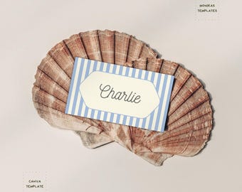 Blue & Cream Striped Place Card Templates - Editable Flat and Folded Wedding Name Cards for Mediterranean and Coastal Events