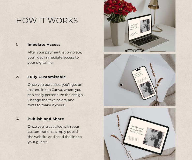 Rustic elegance-themed wedding website with customizable pages