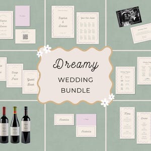 Könnte beinhalten: Ein digitales Hochzeitspaket mit einem verträumten Thema. Das Paket enthält druckbare Karten, Schilder und andere Hochzeitspapeterie. Der Text "Dreamy Wedding Bundle" ist in der Mitte des Bildes zu sehen.