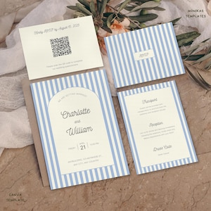 May include: Wedding invitation suite featuring a cream and blue striped design. The suite includes an invitation, RSVP card with a QR code, and cards for transport and reception details. The invitation reads "Charlotte and William".