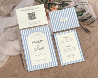 Blue & Cream Striped Wedding Invitation Template Set - Editable Canva Suite with QR Code RSVP - Modern Mediterranean Coastal Digital Invite