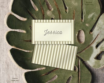 Mediterranean Place Cards Canva Template - Editable Flat & Fold Olive Green Beige Stripes for Weddings, Coastal Events - MonikasTemplates