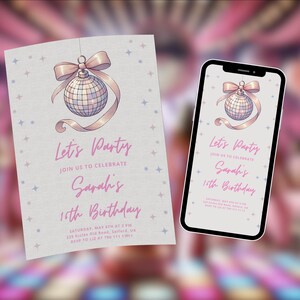 Disco Themed Birthday Party Invitation Template | Editable Design | Pink 70s Retro Party Invite | Printable & Mobile-Friendly | Download