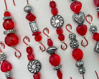 Red and Silver Antique Decorative Beaded Christmas Tree Wire Ornament Hanger Hooks - Red Wire - FREE SHIPPING