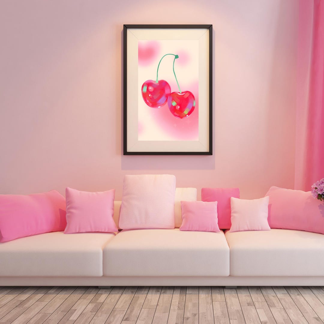 Gallery Detail: Pastel Cherry Wall Art Printable Watercolor Wall Hanging Coquette