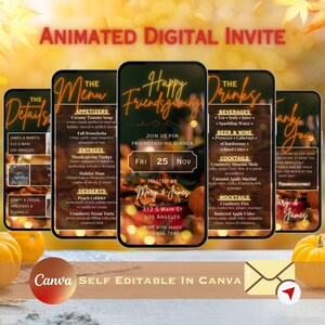 Peut inclure: Une invitation numérique animée pour un dîner de Friendsgiving. L'invitation présente un fond en bois rustique avec une lueur orange chaude. Le texte comprend la date, l'heure, le lieu et un menu d'entrées, de plats principaux, de desserts et de boissons. L'invitation est décorée d'éléments automnaux, tels que des citrouilles et des feuilles.
