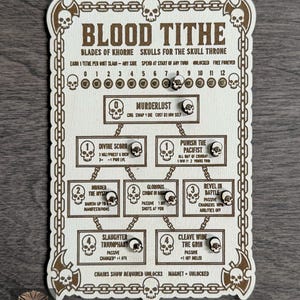 May include: A rectangular white wooden game tracker board with dark brown engraved text and skull icons. The board features a chain border, a numbered track from 0 to 12, and several labeled sections including Murderlust, Divine Scorn, and Slaughter Triumphant, with small skull-shaped magnetic markers placed on various points.