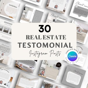 30 Testimonial Social Media Posts, Instagram Vorlagen für Makler, Canva Listing Updates, Marketingvorlagen für verkaufte Objekte