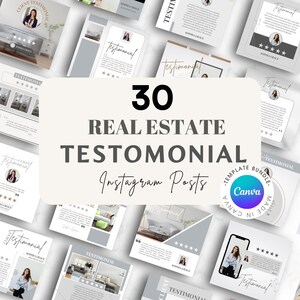 30 Testimonial Social Media Posts, Instagram Vorlagen für Makler, Canva Listing Updates, Marketingvorlagen für verkaufte Objekte