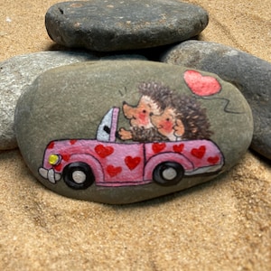 Hand Painted Hedgehogs in Love Car Stone painted stones, beach stones, personalized gift, mothers day, gifts for her, Unique Natural Decor