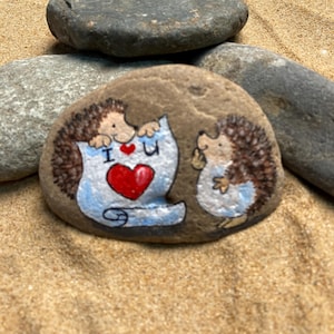 Hand Painted “I &lt;3 U” Hedgehog Stone painted stones, beach stones, personalized gift, mothers day, gifts for her, Unique Natural Decor