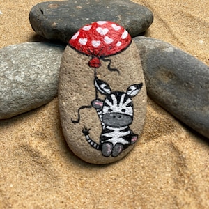 Hand Painted Zebra with Heart Balloon Stone painted stones, beach stones, personalized gift, mothers day, gifts for her, Unique Natural