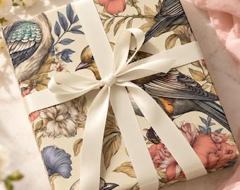 Könnte beinhalten: Eine quadratische Geschenkbox, eingewickelt in cremefarbenes Papier mit einer detaillierten botanischen und vogelartigen Illustration mit Vögeln, rosa Blumen und blauem Laub. Das Paket ist mit einem cremeweißen Satinband zu einer Schleife gebunden.