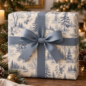 May include: A square gift box wrapped in cream-colored paper featuring a blue toile-style winter forest pattern with pine trees and pinecones. The box is tied with a solid blue fabric ribbon that is tied into a centered bow on the front.