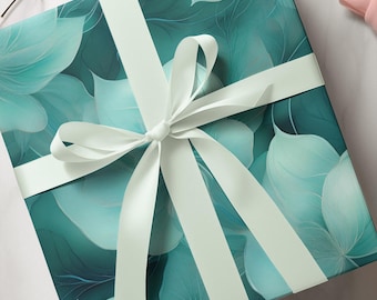 Elegant Floral Wrapping Paper: Green & Blue Flower Design