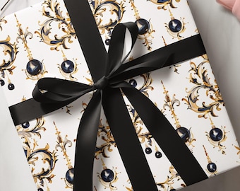 Carta da regalo natalizia festiva, nera, con decorazioni dorate.