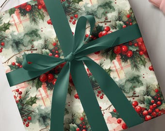 Holly Berry Watercolor Christmas Wrapping Paper