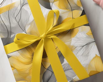 Floral Gift Wrap: Elegant Yellow & Gray Flowers, Eco-Friendly Packaging