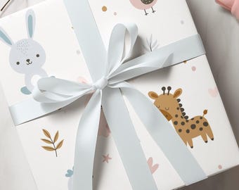 Baby Shower Wrapping Paper, Neutral Animal Print, Kids Birthday Gift Wrap