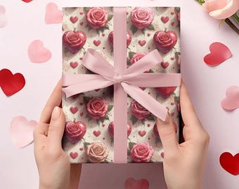 Red Roses and Hearts Wrapping Paper | Floral Valentine Pattern