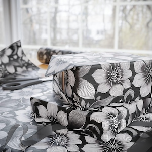 Elegant Floral Wrapping Paper - Black and White Gift Wrap, Birthday, Wedding, Holiday, Special Occasion