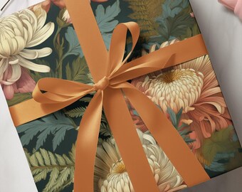 Papier cadeau fleuri, papier cadeau botanique, motif chrysanthème