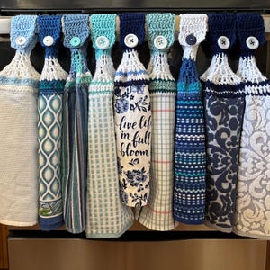 Crocheted Top "Blues" Kitchen Towels,  Hand Towel, Crocheted Top Dish Towel, Bathroom Hand Towel, Crocheted Top Towel