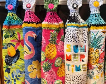 Crocheted Top Towel for Kitchen or Bathroom Hand Towels with Tropical Designs Handmade Decor