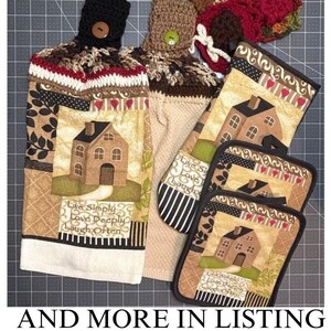 Kitchen Bundles with Hanging Crocheted Top Hand Towel matching Pot Holders and Handmade Crocheted Knob Covers