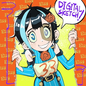 Può includere: Illustrazione di schizzo digitale di un personaggio sorridente con capelli neri e blu, che indossa un completo a righe blu con una rosa. Il testo "DIGITAL SKETCH!" è in un fumetto. Lo sfondo è arancione con testo "Etsy".
