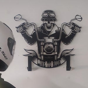 Motorcycle Skull Helmet Holder, Harley Rider Gift, Helmet Coat Jacket Hanger Rack, Harley Davidson Gift, Garage Decor, Mancave Decor