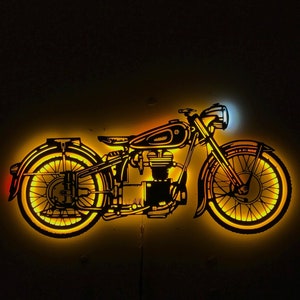 Decoración de pared de motocicleta de metal con luz LED, decoración de garaje Harley, el mejor regalo de Navidad para él, arte de pared de motocicleta, decoración de garaje, decoración de cueva de hombre