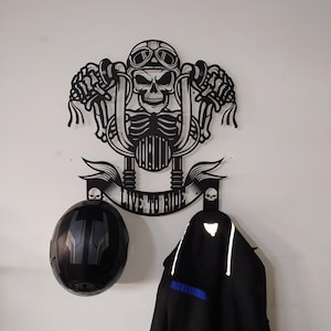 Motorcycle Skull Helmet Holder, Harley Rider Gift, Helmet Coat Jacket Hanger Rack, Harley Davidson Gift, Garage Decor, Mancave Decor