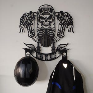 Motorcycle Skull Helmet Holder, Harley Rider Gift, Helmet Coat Jacket Hanger Rack, Harley Davidson Gift, Garage Decor, Mancave Decor