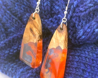 Orange Resin and Burl Wood Earrings