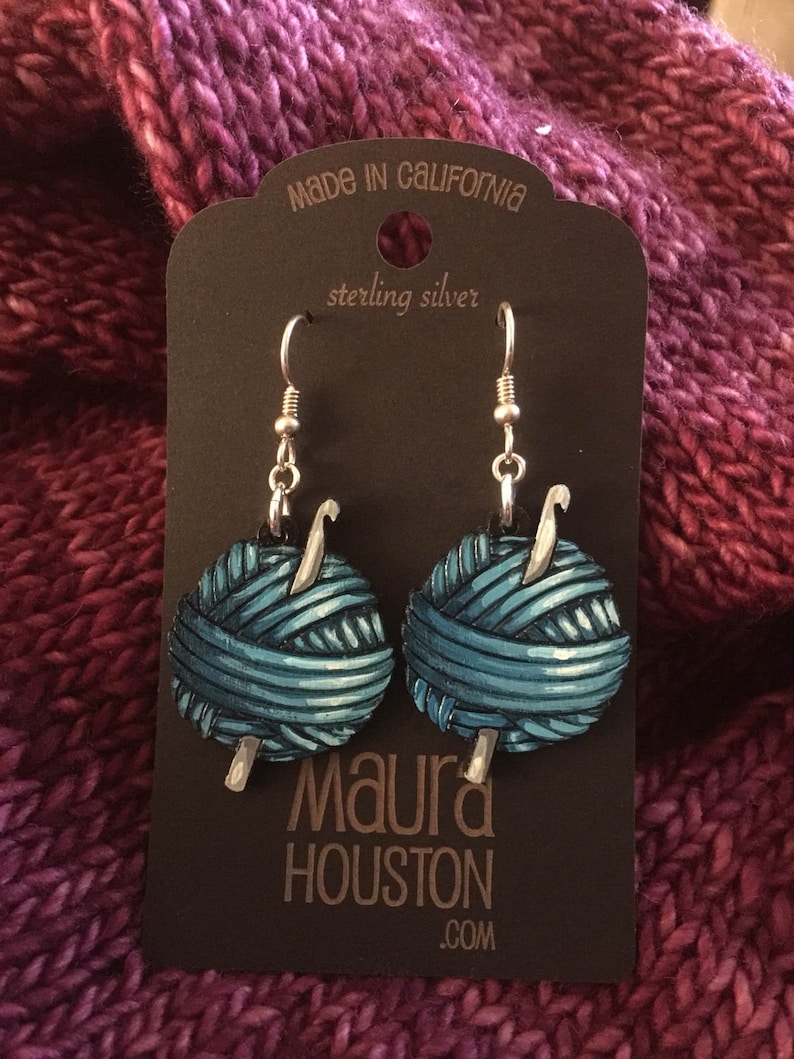 Yarn Ball with Crochet Hook Earrings Blue