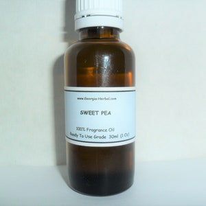 May include: A brown glass bottle with a white label that reads "www.Georgia-Herbal.com", "SWEET PEA", "100% Fragrance Oil", "Ready To Use Grade 30ml (1 Oz)".