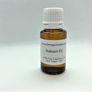 May include: A small brown glass bottle with a white cap, labeled "Balsam Fir 100% Pure Fragrance Oil 15ml Origin: USA" and "www.Georgia-Herbal.com".