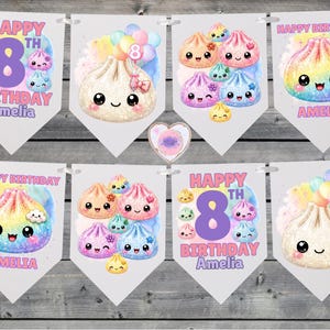 May include: A birthday bunting banner featuring white triangular flags with colourful illustrations of kawaii-style dumplings, pastel balloons, and the text Happy 8th Birthday Amelia. The design includes purple numbers and pink lettering.