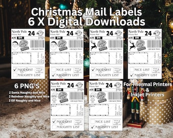 Peut inclure: Étiquettes de courrier numériques sur le thème de Noël avec des motifs festifs. Chaque étiquette présente une marque postale "Pôle Nord", un tampon "Vérifié deux fois" et des options pour "Liste des gentils" et "Liste des méchants".